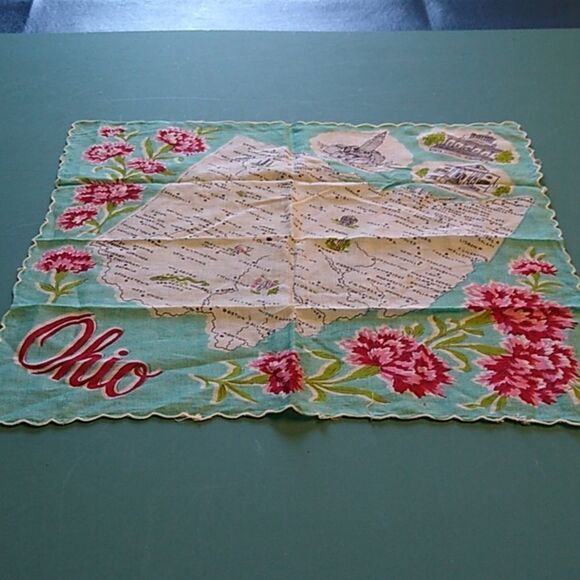 Vintage Ohio Map Handkerchief Floral scalloped Edges Travel Towns Building's - Picture 1 of 8